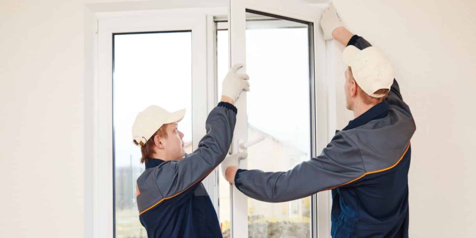 A window replacement team installing a new window style